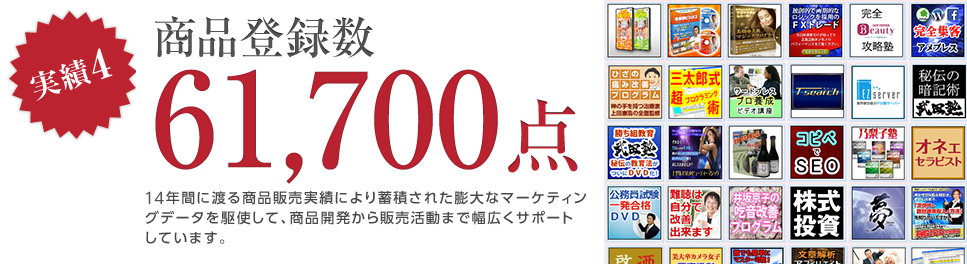 実績4 商品登録数61,700点。14年間に渡る商品販売実績により蓄積された膨大なマーケティングデータを駆使して、商品開発から販売活動まで幅広くサポートしています。